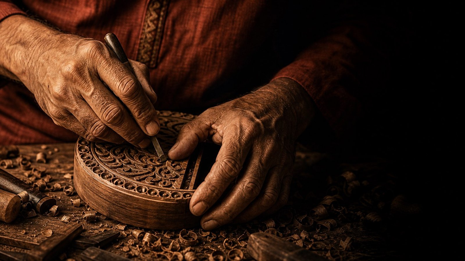 Artisan hands crafting a musical instrument