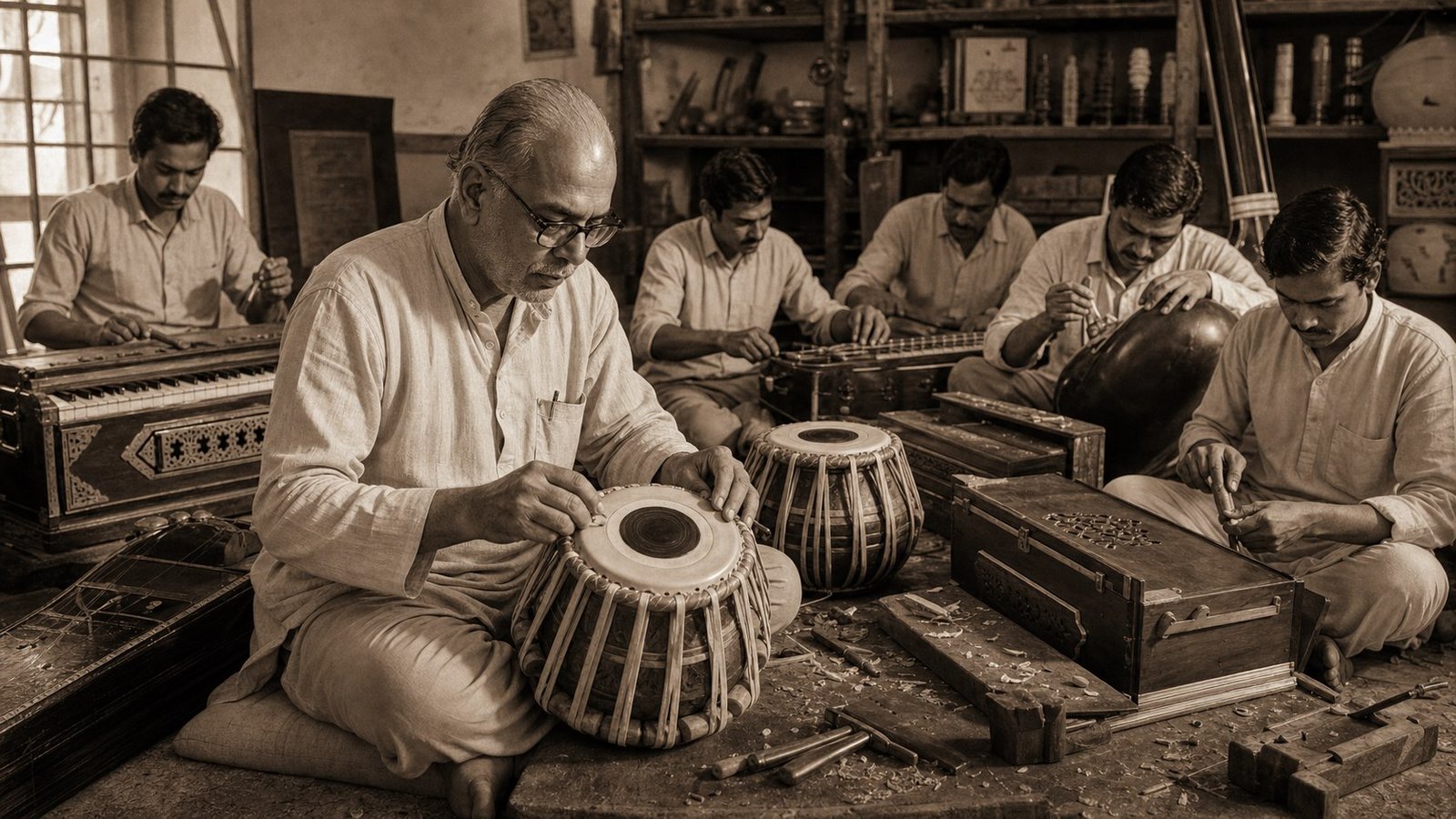 Artisans at Tabla Tarang's workshop hand-finishing an instrument