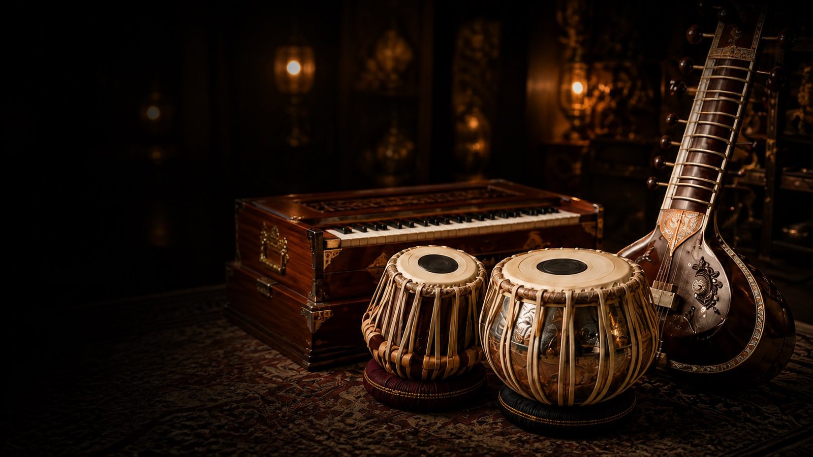 Tabla, harmonium and sitar arranged together, handcrafted Indian musical instruments